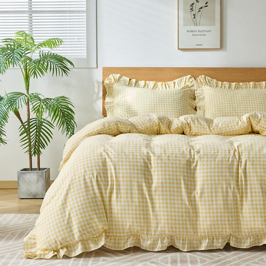 Gingham Duvet Cover Queen Size, 3 Pieces Soft Breathable Microfiber Plaid Duvet Cover with Zipper Closure & 2 Pillow Shams, Ruffle Farmhouse Vintage Decor, Yellow