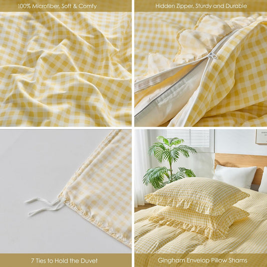 Gingham Duvet Cover Queen Size, 3 Pieces Soft Breathable Microfiber Plaid Duvet Cover with Zipper Closure & 2 Pillow Shams, Ruffle Farmhouse Vintage Decor, Yellow