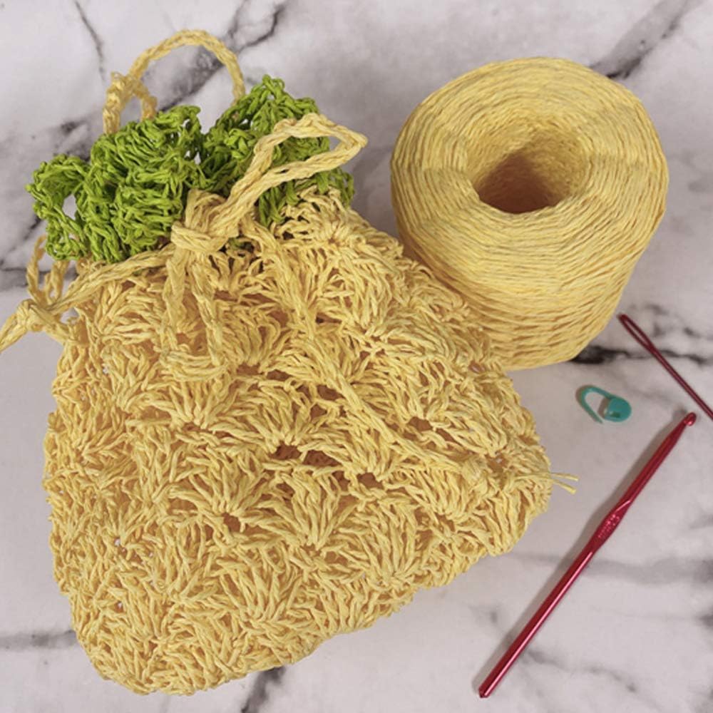 Natural Cotton Raffia Yarn Sun Hat Yarn Beach Bag Yarn DIY Craft Gift Box Packing Twine Raffia Ribbon Knitting Materials Lemon Yellow 200M/218 Yards