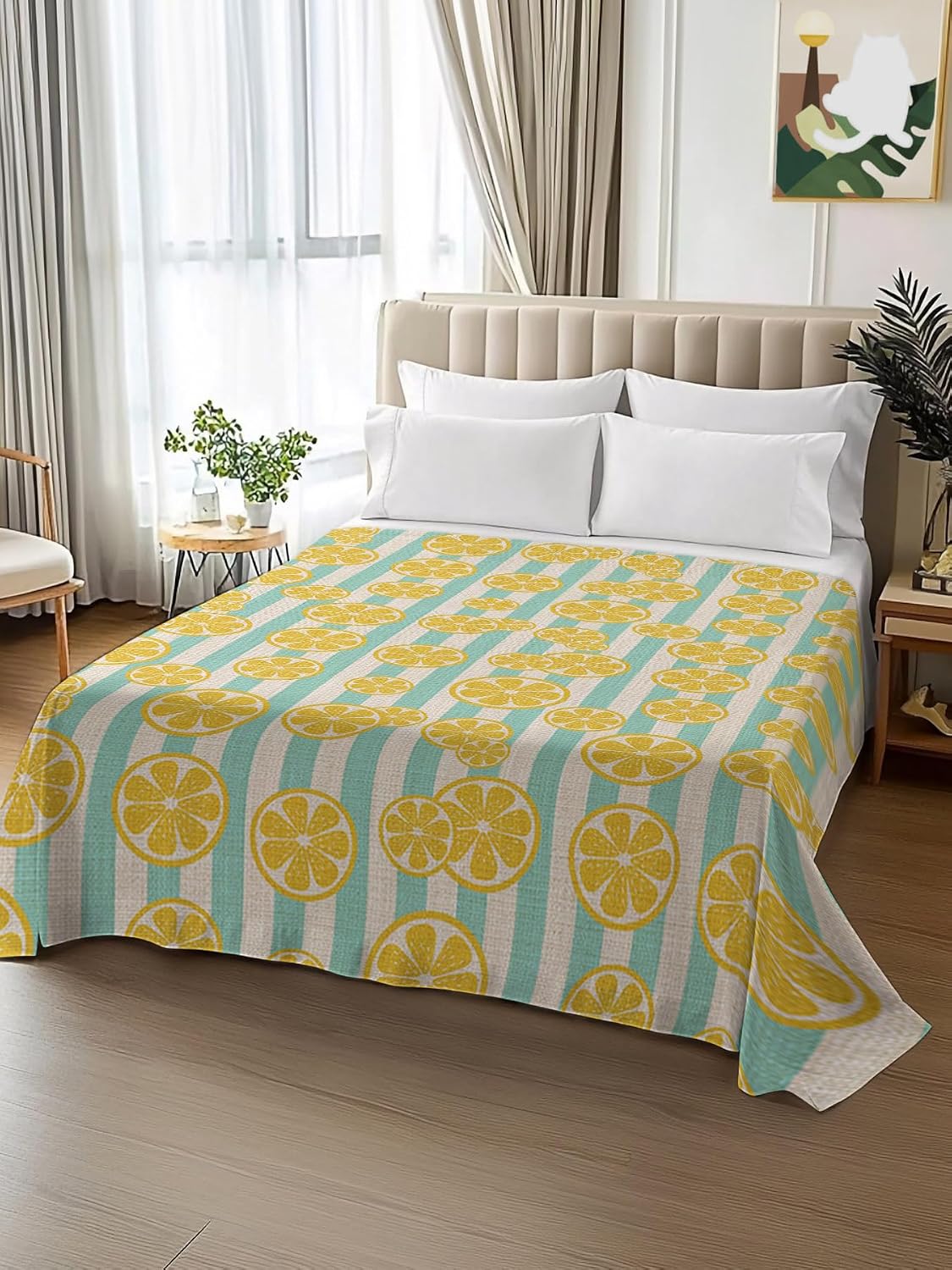 Flat Sheet, 1 Piece Top Sheet Twin Size Stripes Lemon Summer Soft Breathable Bed Sheet Spring Yellow Brushed Microfiber Bed Sheet, Wrinkle Resistant, Fade Resistant Bedding