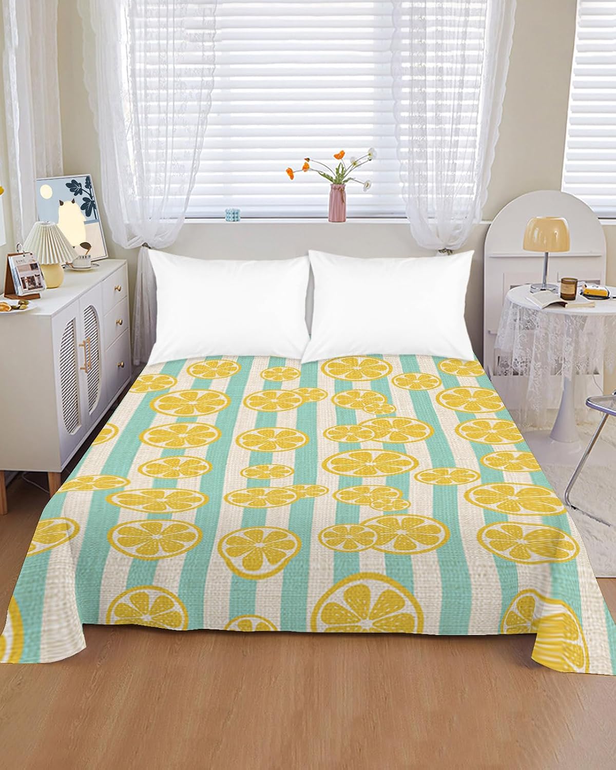 Flat Sheet, 1 Piece Top Sheet Twin Size Stripes Lemon Summer Soft Breathable Bed Sheet Spring Yellow Brushed Microfiber Bed Sheet, Wrinkle Resistant, Fade Resistant Bedding