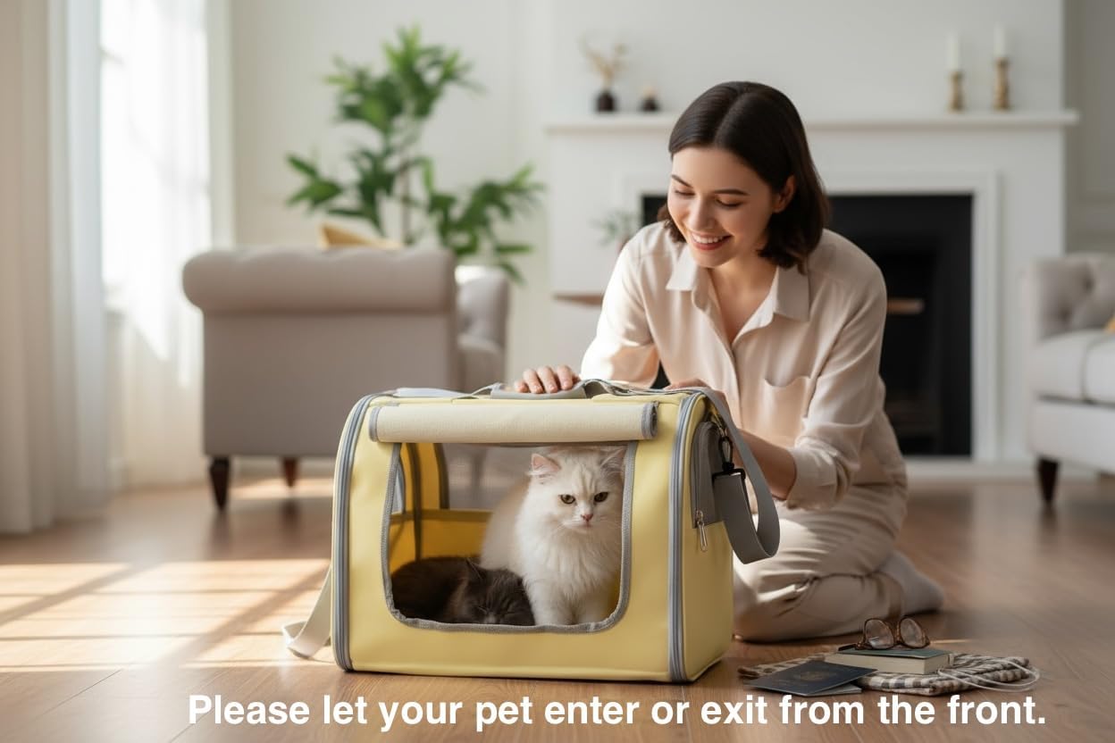 Tristan Home Premium Faux Leather Pet Carrier, Ventilated Travel Bag with Mesh Windows, Shoulder Strap, Pocket, Medium, Suitable for Pet Under 15lbs, (Light Yellow)