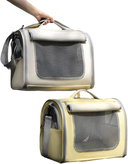 Tristan Home Premium Faux Leather Pet Carrier, Ventilated Travel Bag with Mesh Windows, Shoulder Strap, Pocket, Medium, Suitable for Pet Under 15lbs, (Light Yellow)