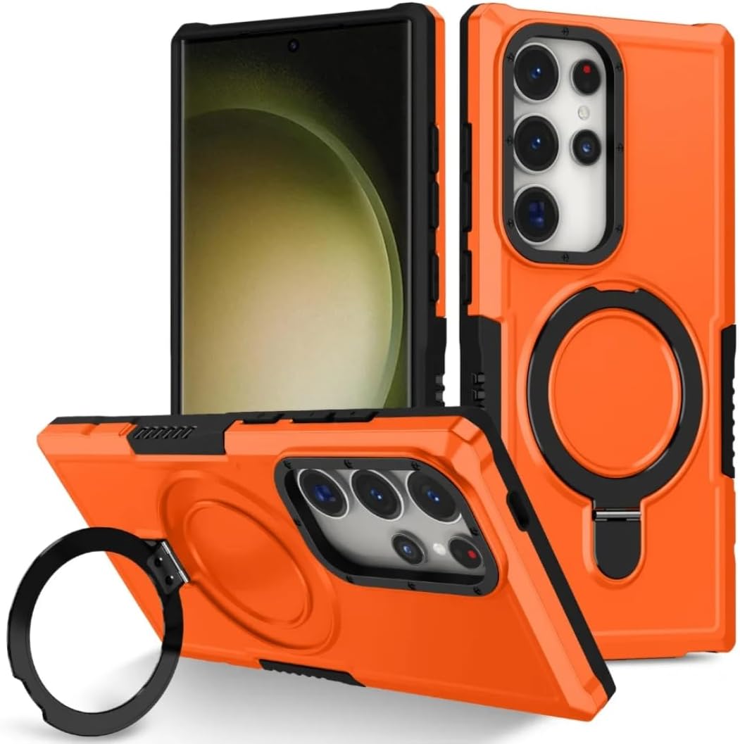 Rugged Ring Magnetic Stand Holder Case for Samsung S26 Ultra S25 Plus S24fe S23 S22 Note 20 A56 A16 A07 A55 Cover(Galaxy S24+/Orange)