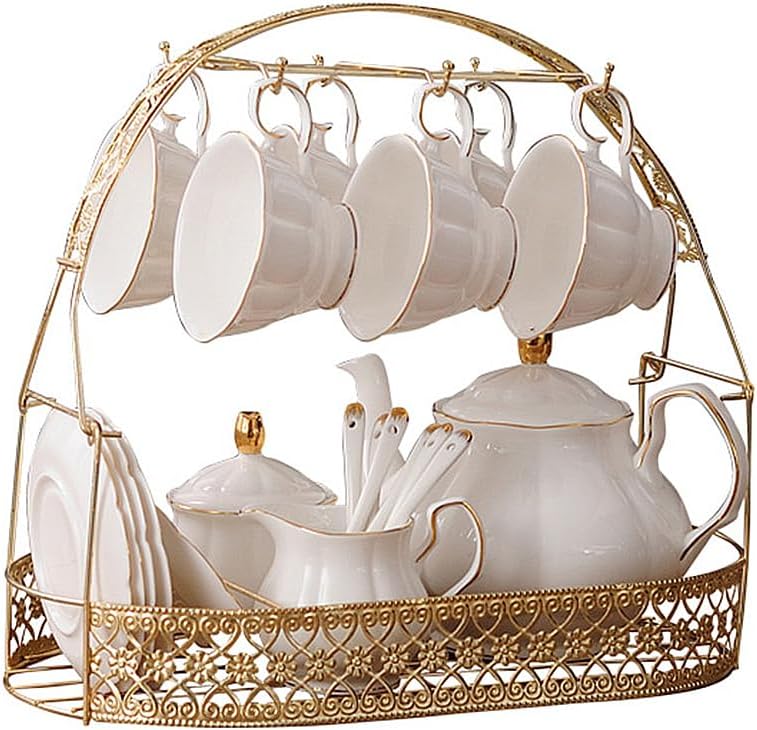 15 Pieces Simple White English Ceramic Tea Sets,Tea Pot,Bone China Cups Without Metal Holder,Matching Spoons,Afternoon Tea Set Service Coffee Set
