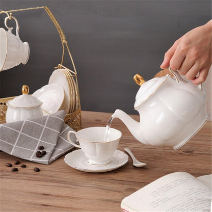 15 Pieces Simple White English Ceramic Tea Sets,Tea Pot,Bone China Cups Without Metal Holder,Matching Spoons,Afternoon Tea Set Service Coffee Set