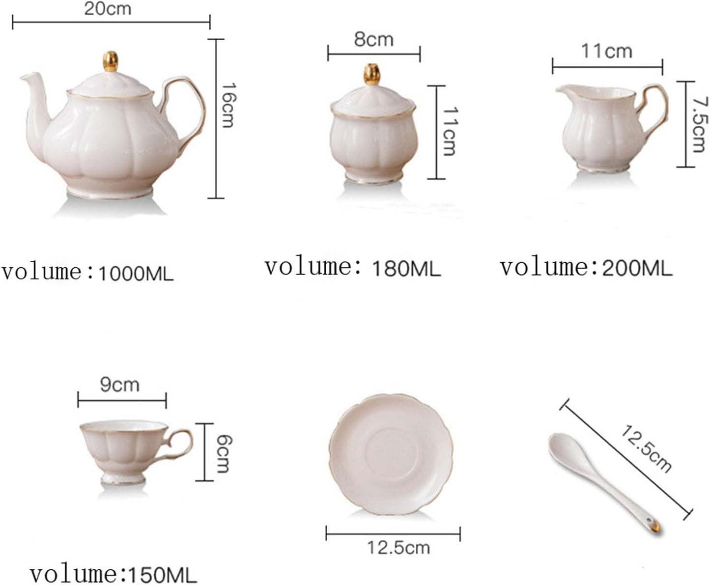 15 Pieces Simple White English Ceramic Tea Sets,Tea Pot,Bone China Cups Without Metal Holder,Matching Spoons,Afternoon Tea Set Service Coffee Set