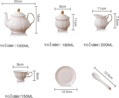 15 Pieces Simple White English Ceramic Tea Sets,Tea Pot,Bone China Cups Without Metal Holder,Matching Spoons,Afternoon Tea Set Service Coffee Set