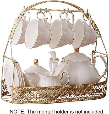 15 Pieces Simple White English Ceramic Tea Sets,Tea Pot,Bone China Cups Without Metal Holder,Matching Spoons,Afternoon Tea Set Service Coffee Set