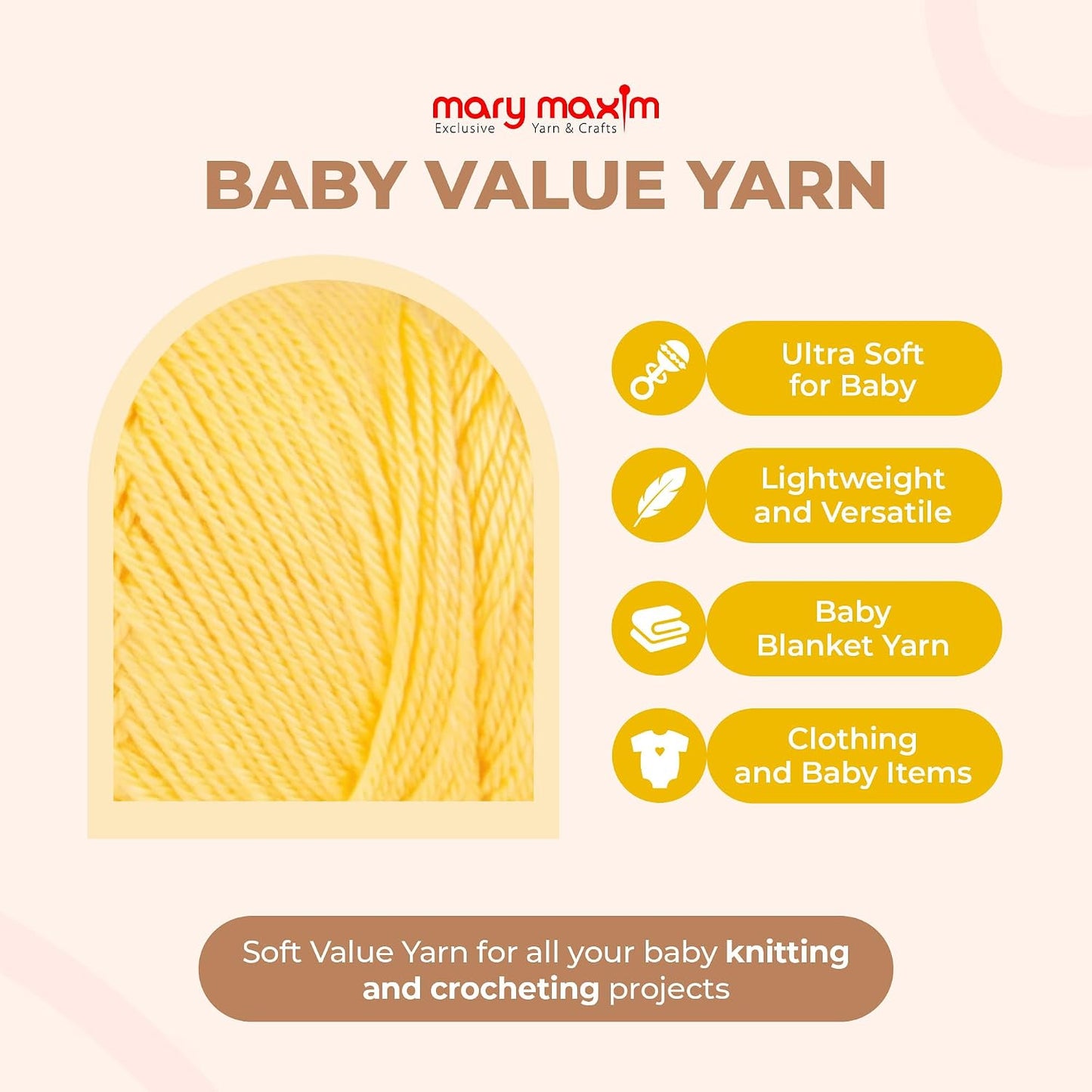 Baby Value Yarn for Crocheting and Knitting, Soft Yellow Baby Yarn for Clothing, Decor and Blankets, Acrylic Worsted Weight, 342 Yards Per 6 OZ Skein - Yellow