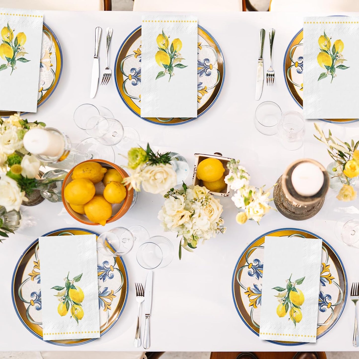100 Pcs Lemon Guest Napkins Watercolor Yellow Lemon Flower Disposable Napkins Citrus Fruit Dinner Paper Hand Towels for Bathroom Summer Birthday Party Table Supplies