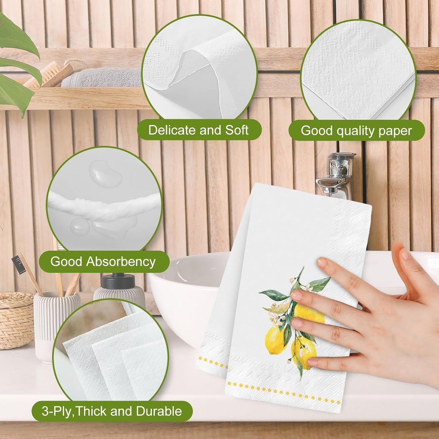 100 Pcs Lemon Guest Napkins Watercolor Yellow Lemon Flower Disposable Napkins Citrus Fruit Dinner Paper Hand Towels for Bathroom Summer Birthday Party Table Supplies