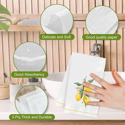 100 Pcs Lemon Guest Napkins Watercolor Yellow Lemon Flower Disposable Napkins Citrus Fruit Dinner Paper Hand Towels for Bathroom Summer Birthday Party Table Supplies