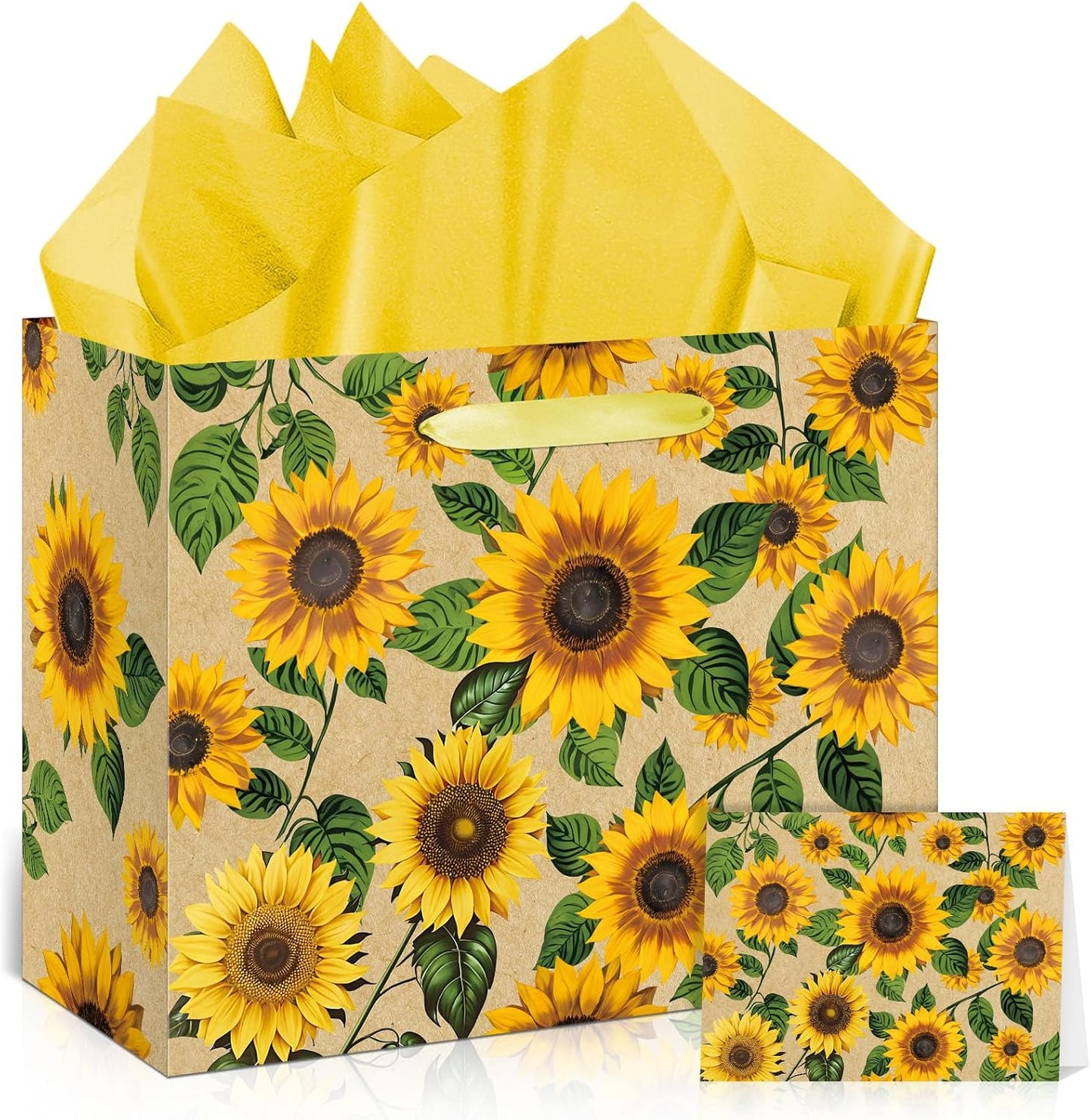 Large Sunflower Gift Bag with Tissue Paper and Greeting Card Yellow Sunflower Party Favor Bags Decorations Floral Sunflower Treat Candy Paper Bag Sunflower Wrapping Paper for Wedding Birthday Gift