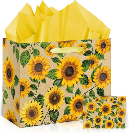Large Sunflower Gift Bag with Tissue Paper and Greeting Card Yellow Sunflower Party Favor Bags Decorations Floral Sunflower Treat Candy Paper Bag Sunflower Wrapping Paper for Wedding Birthday Gift