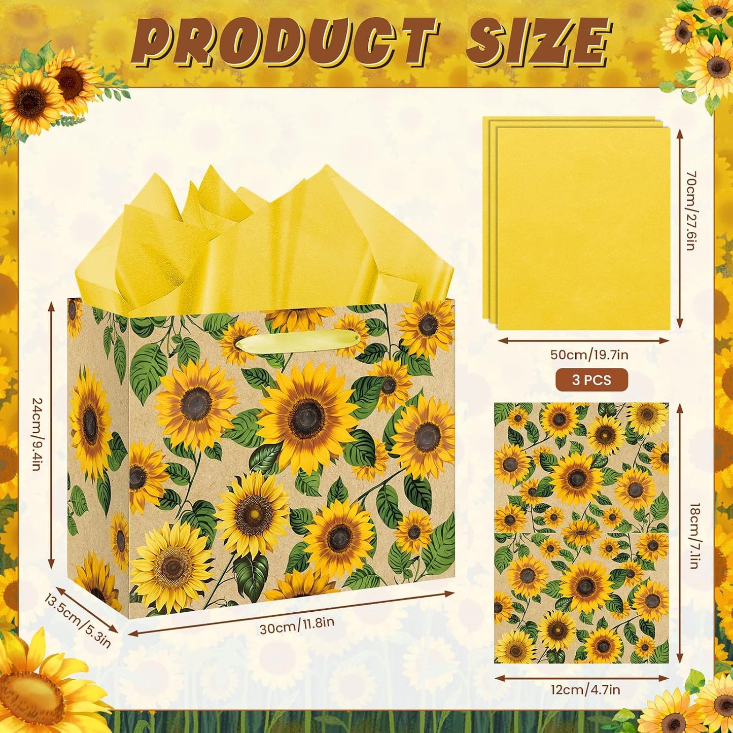 Large Sunflower Gift Bag with Tissue Paper and Greeting Card Yellow Sunflower Party Favor Bags Decorations Floral Sunflower Treat Candy Paper Bag Sunflower Wrapping Paper for Wedding Birthday Gift