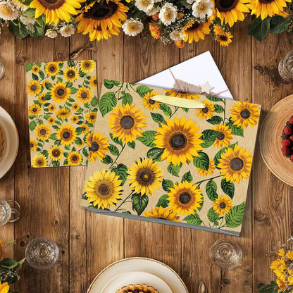 Large Sunflower Gift Bag with Tissue Paper and Greeting Card Yellow Sunflower Party Favor Bags Decorations Floral Sunflower Treat Candy Paper Bag Sunflower Wrapping Paper for Wedding Birthday Gift