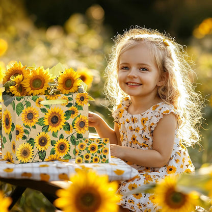 Large Sunflower Gift Bag with Tissue Paper and Greeting Card Yellow Sunflower Party Favor Bags Decorations Floral Sunflower Treat Candy Paper Bag Sunflower Wrapping Paper for Wedding Birthday Gift