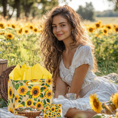 Large Sunflower Gift Bag with Tissue Paper and Greeting Card Yellow Sunflower Party Favor Bags Decorations Floral Sunflower Treat Candy Paper Bag Sunflower Wrapping Paper for Wedding Birthday Gift