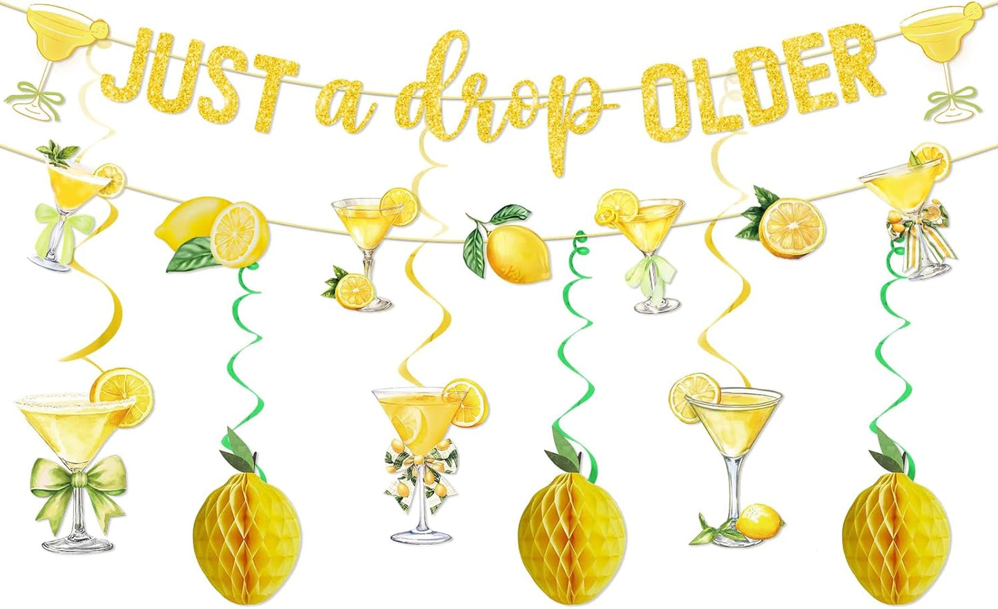 Just A Drop Older Gold Glitter Banner with Hanging Swirls Lemon Party Decorations Lemon Themed Party Decor Lemon Birthday Decorations
