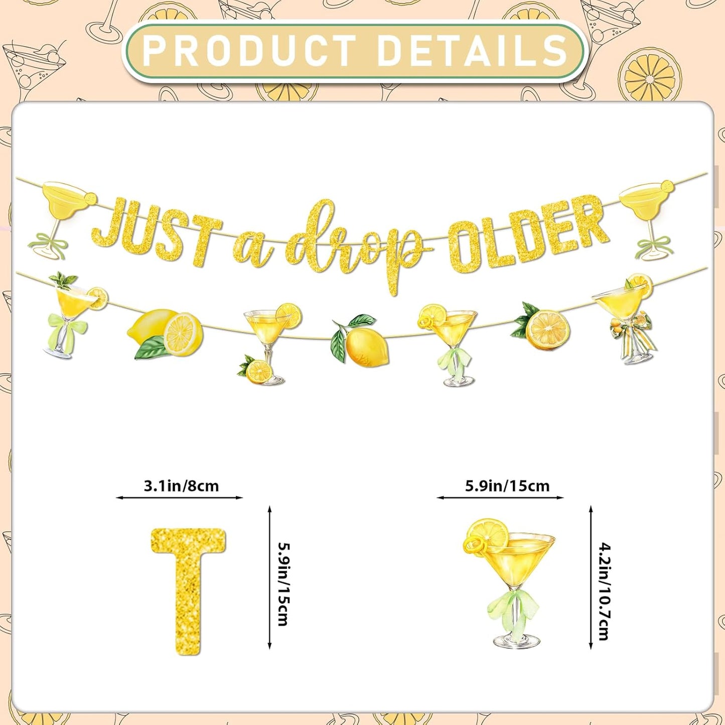 Just A Drop Older Gold Glitter Banner with Hanging Swirls Lemon Party Decorations Lemon Themed Party Decor Lemon Birthday Decorations