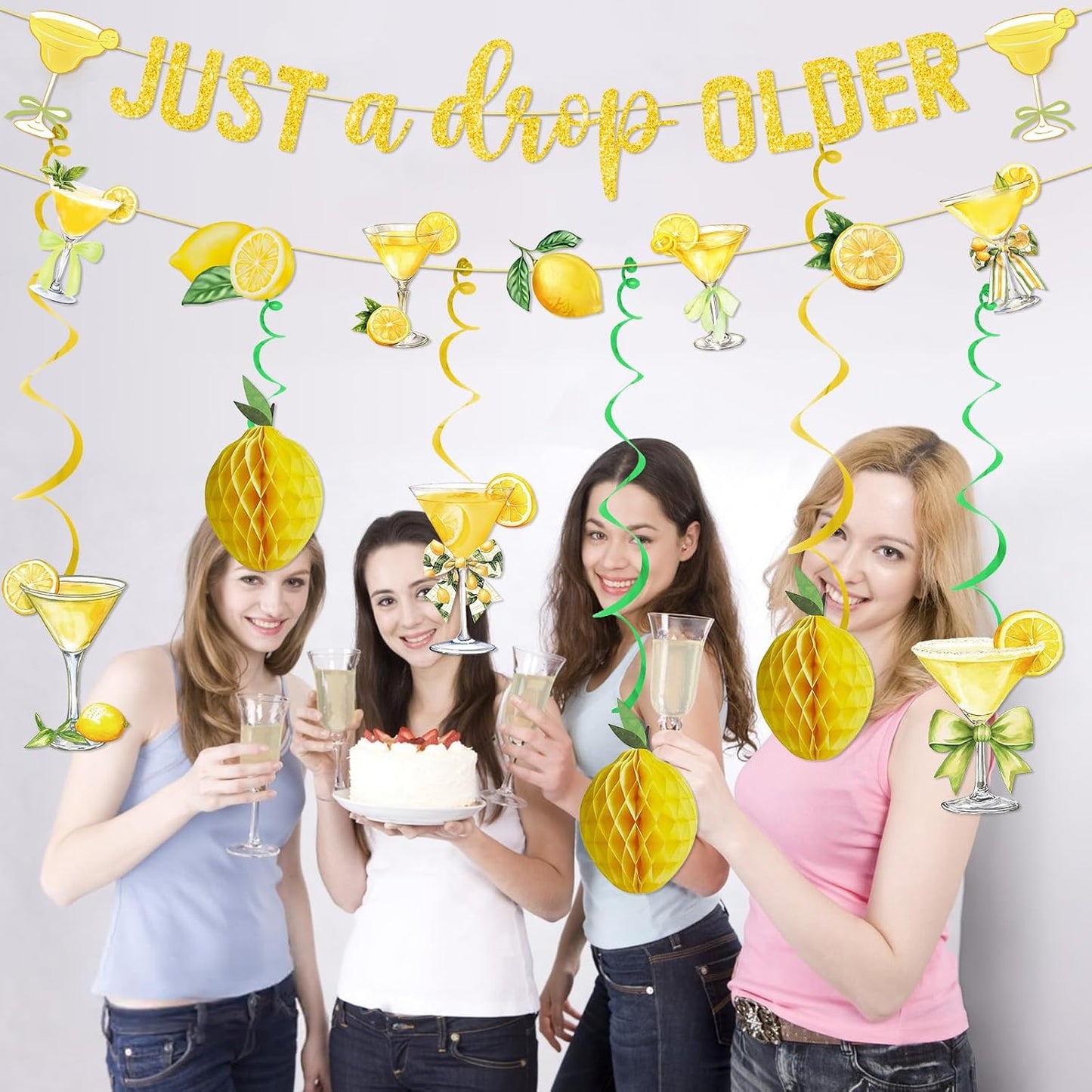 Just A Drop Older Gold Glitter Banner with Hanging Swirls Lemon Party Decorations Lemon Themed Party Decor Lemon Birthday Decorations