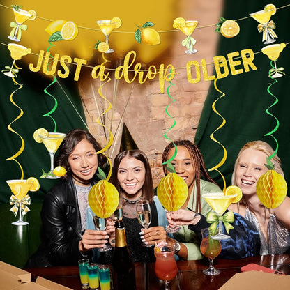 Just A Drop Older Gold Glitter Banner with Hanging Swirls Lemon Party Decorations Lemon Themed Party Decor Lemon Birthday Decorations