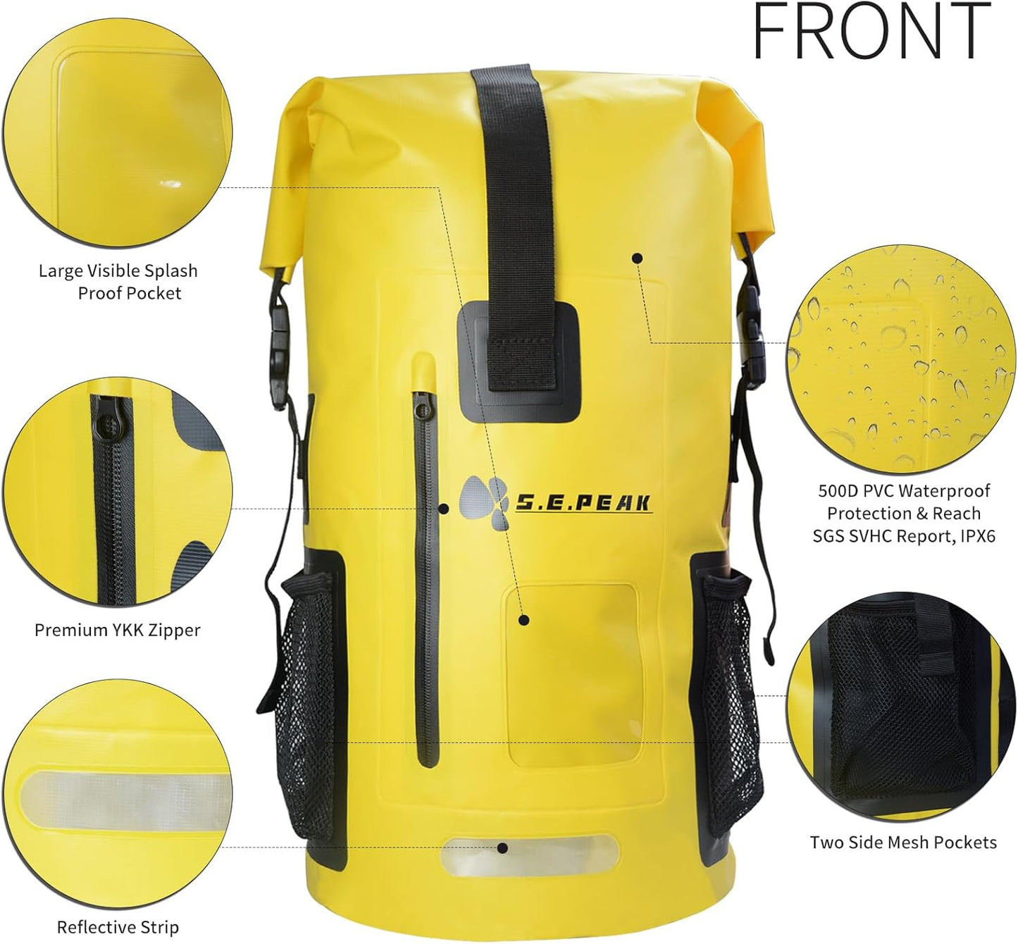55L Waterproof Marine Dry Bag, Roll Top Backpack, Heavy Duty Dry Sack for Kayaking, Boating,Swimming,Diving,Surfing,Rafting,Fishing,Camping,Hiking,with Reflective Strip,Yellow