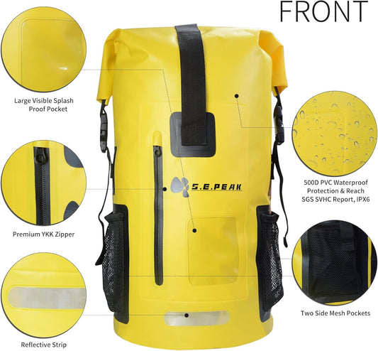 55L Waterproof Marine Dry Bag, Roll Top Backpack, Heavy Duty Dry Sack for Kayaking, Boating,Swimming,Diving,Surfing,Rafting,Fishing,Camping,Hiking,with Reflective Strip,Yellow