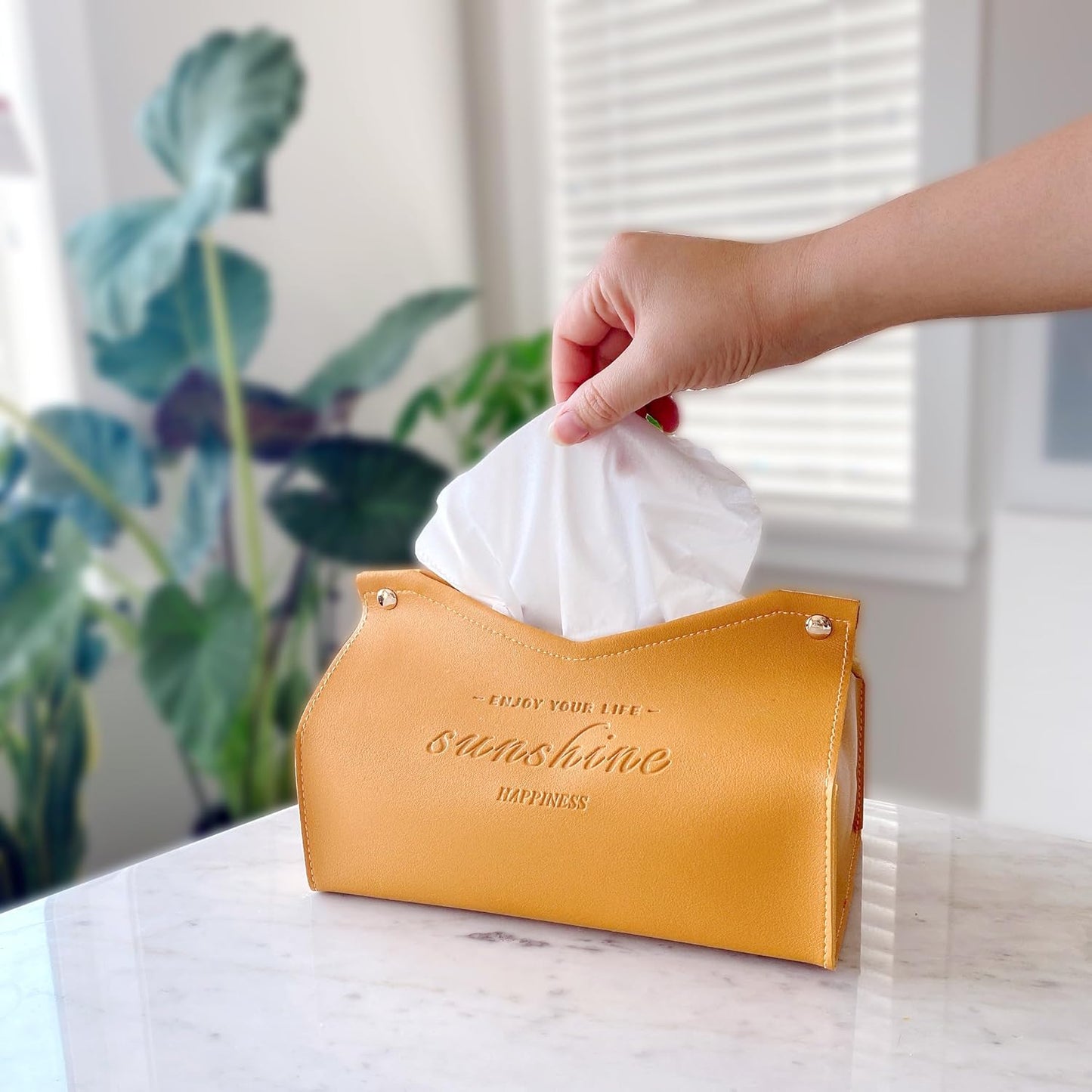 H&G MORII Tissue Box Holder, PU Leather Tissue Box Cover, Tissue Box Case Organizer for Bathroom, Kitchen and Office Room Decor (Mustard Yellow)