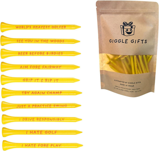 Funny Golf Tees, Novelty Golf Tee Gift Set, Bamboo 3 1/4" Tees with Hilarious Golf Jokes, Bright Yellow, Golf Gifts for Dad, Grandpa, Husband & Friends