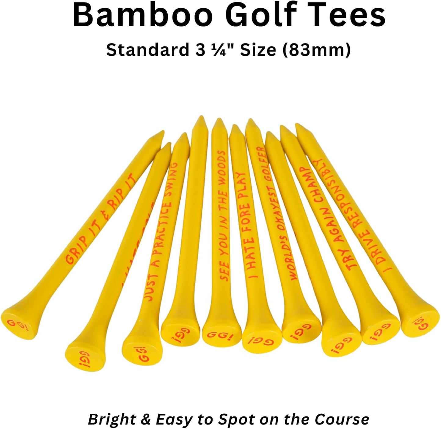 Funny Golf Tees, Novelty Golf Tee Gift Set, Bamboo 3 1/4" Tees with Hilarious Golf Jokes, Bright Yellow, Golf Gifts for Dad, Grandpa, Husband & Friends