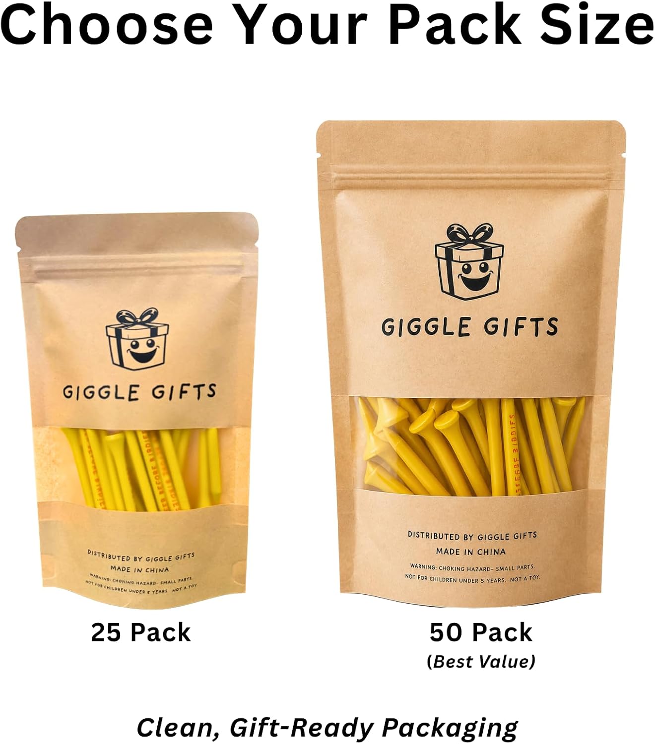Funny Golf Tees, Novelty Golf Tee Gift Set, Bamboo 3 1/4" Tees with Hilarious Golf Jokes, Bright Yellow, Golf Gifts for Dad, Grandpa, Husband & Friends