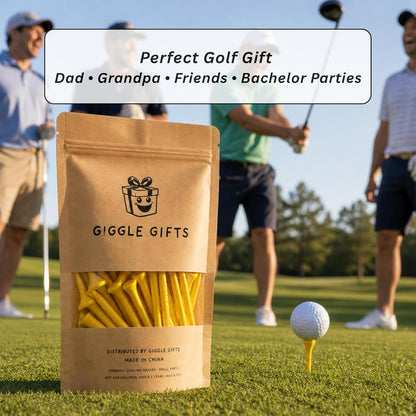Funny Golf Tees, Novelty Golf Tee Gift Set, Bamboo 3 1/4" Tees with Hilarious Golf Jokes, Bright Yellow, Golf Gifts for Dad, Grandpa, Husband & Friends