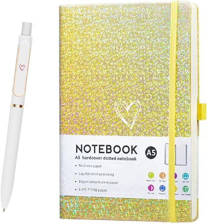 Bling A5 Notebook with Pen, Lined Journal Notebook A5 Notepad for Girls Women,Cute Heart Pattern Design Glitter Laser Diary College Ruled Hardcover Notebook for Work, Note Taking, Business (Yellow)