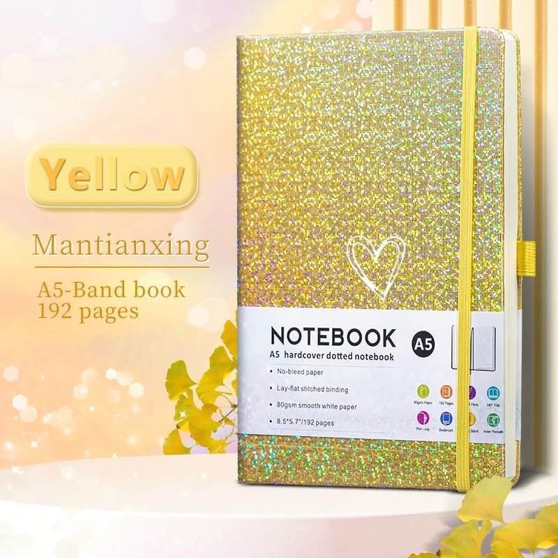 Bling A5 Notebook with Pen, Lined Journal Notebook A5 Notepad for Girls Women,Cute Heart Pattern Design Glitter Laser Diary College Ruled Hardcover Notebook for Work, Note Taking, Business (Yellow)