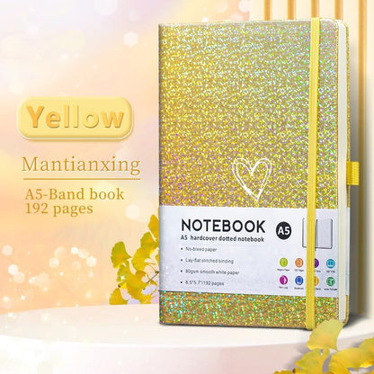 Bling A5 Notebook with Pen, Lined Journal Notebook A5 Notepad for Girls Women,Cute Heart Pattern Design Glitter Laser Diary College Ruled Hardcover Notebook for Work, Note Taking, Business (Yellow)
