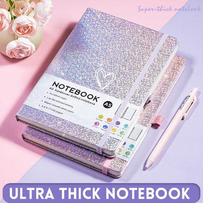 Bling A5 Notebook with Pen, Lined Journal Notebook A5 Notepad for Girls Women,Cute Heart Pattern Design Glitter Laser Diary College Ruled Hardcover Notebook for Work, Note Taking, Business (Yellow)