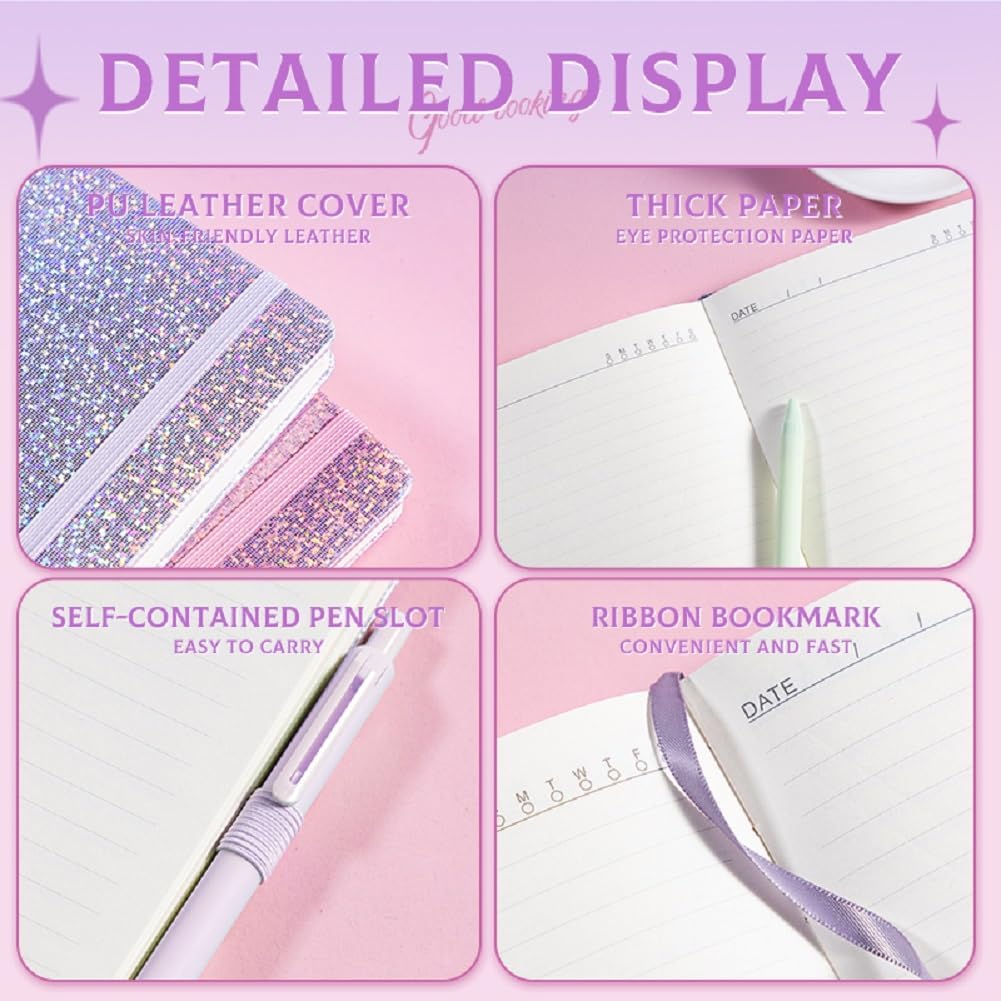 Bling A5 Notebook with Pen, Lined Journal Notebook A5 Notepad for Girls Women,Cute Heart Pattern Design Glitter Laser Diary College Ruled Hardcover Notebook for Work, Note Taking, Business (Yellow)
