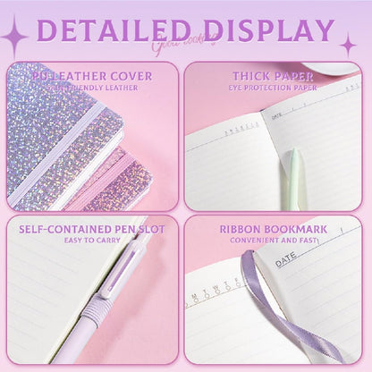 Bling A5 Notebook with Pen, Lined Journal Notebook A5 Notepad for Girls Women,Cute Heart Pattern Design Glitter Laser Diary College Ruled Hardcover Notebook for Work, Note Taking, Business (Yellow)