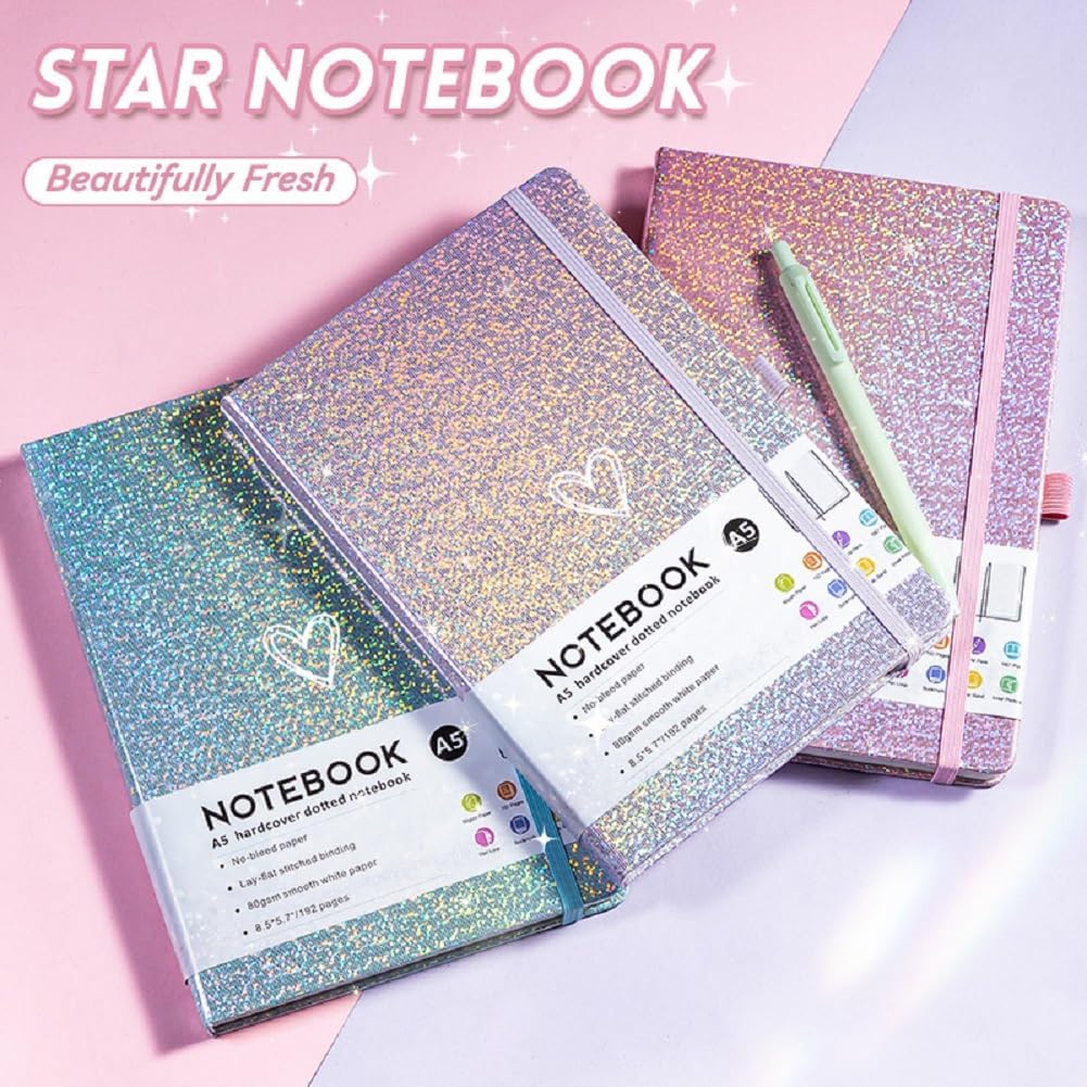 Bling A5 Notebook with Pen, Lined Journal Notebook A5 Notepad for Girls Women,Cute Heart Pattern Design Glitter Laser Diary College Ruled Hardcover Notebook for Work, Note Taking, Business (Yellow)