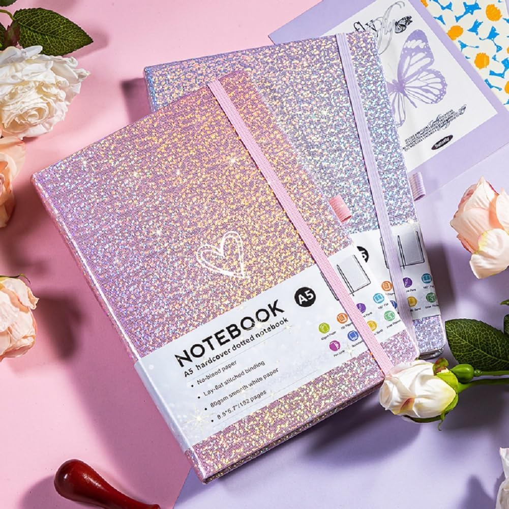 Bling A5 Notebook with Pen, Lined Journal Notebook A5 Notepad for Girls Women,Cute Heart Pattern Design Glitter Laser Diary College Ruled Hardcover Notebook for Work, Note Taking, Business (Yellow)