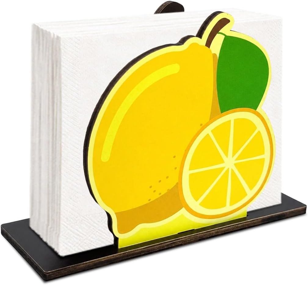 Lemon Wooden Napkin Holder, Vibrant Fruit Paper Napkin Organizer, Summer Farmhouse Table Tissue Stand for Kitchen Counter Coffee Bar Dining Room Home Decor