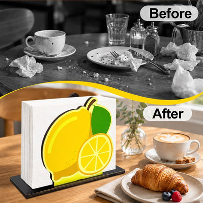Lemon Wooden Napkin Holder, Vibrant Fruit Paper Napkin Organizer, Summer Farmhouse Table Tissue Stand for Kitchen Counter Coffee Bar Dining Room Home Decor