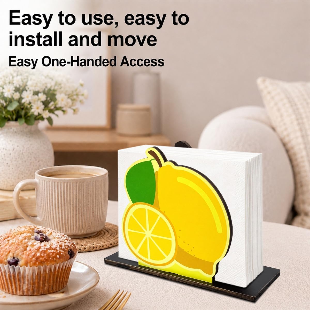 Lemon Wooden Napkin Holder, Vibrant Fruit Paper Napkin Organizer, Summer Farmhouse Table Tissue Stand for Kitchen Counter Coffee Bar Dining Room Home Decor