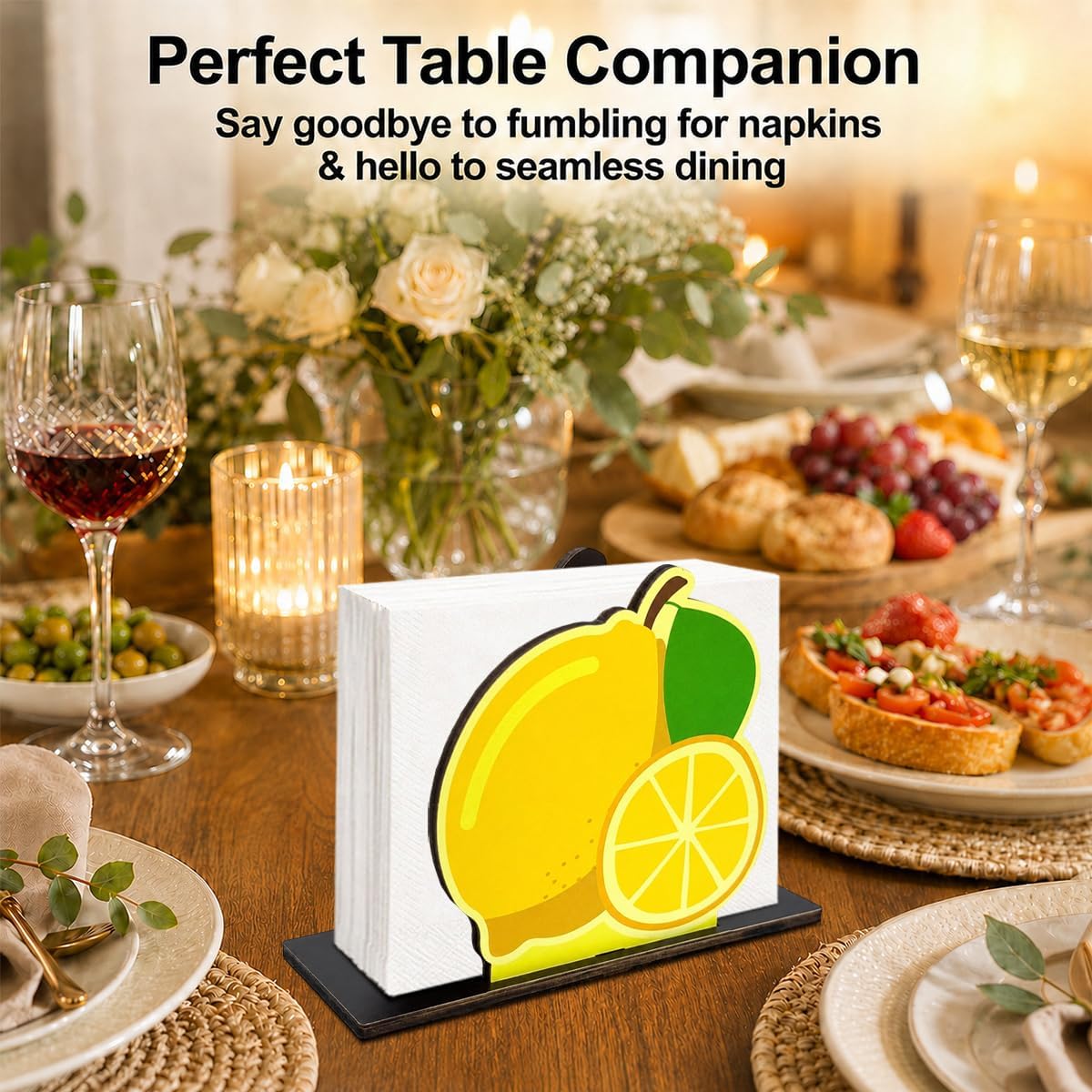 Lemon Wooden Napkin Holder, Vibrant Fruit Paper Napkin Organizer, Summer Farmhouse Table Tissue Stand for Kitchen Counter Coffee Bar Dining Room Home Decor