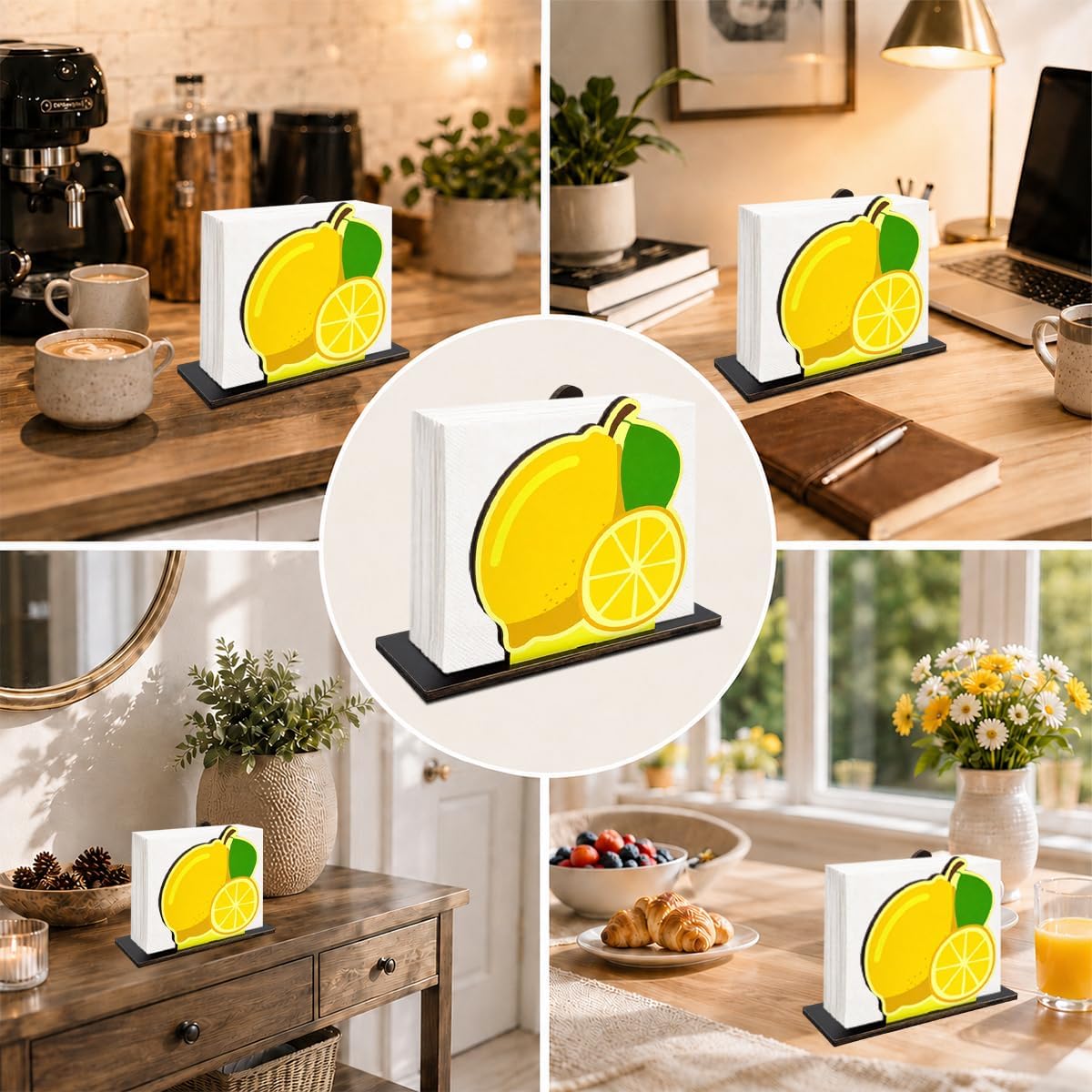 Lemon Wooden Napkin Holder, Vibrant Fruit Paper Napkin Organizer, Summer Farmhouse Table Tissue Stand for Kitchen Counter Coffee Bar Dining Room Home Decor