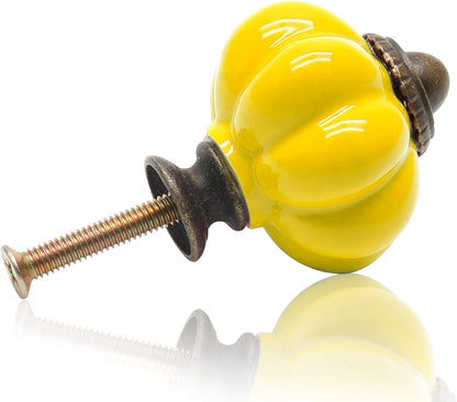 12pcs Lemon Yellow Pumpkin Knobs, Vintage Ceramic Cabinet Knobs | Dresser Knobs, Drawer Knobs, Door Knobs, Drawer Pulls, Dresser Handles with Mounting Screws