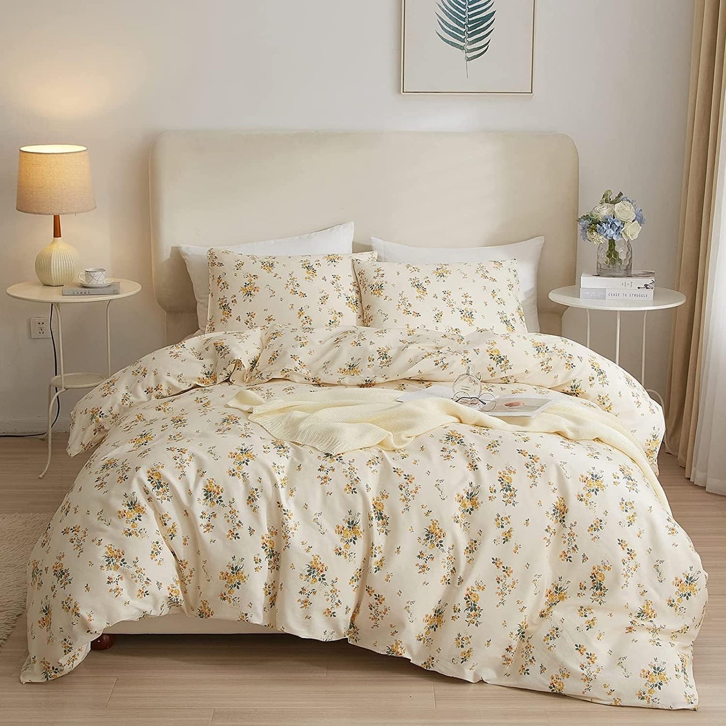 Yellow Floral Comforter Set Queen Botanical Bedding Comforter Set for Queen Bed Women Girl Garden Bohemian Floral Comforter with 2 Pillowcases,Garden Style Bedding Sets