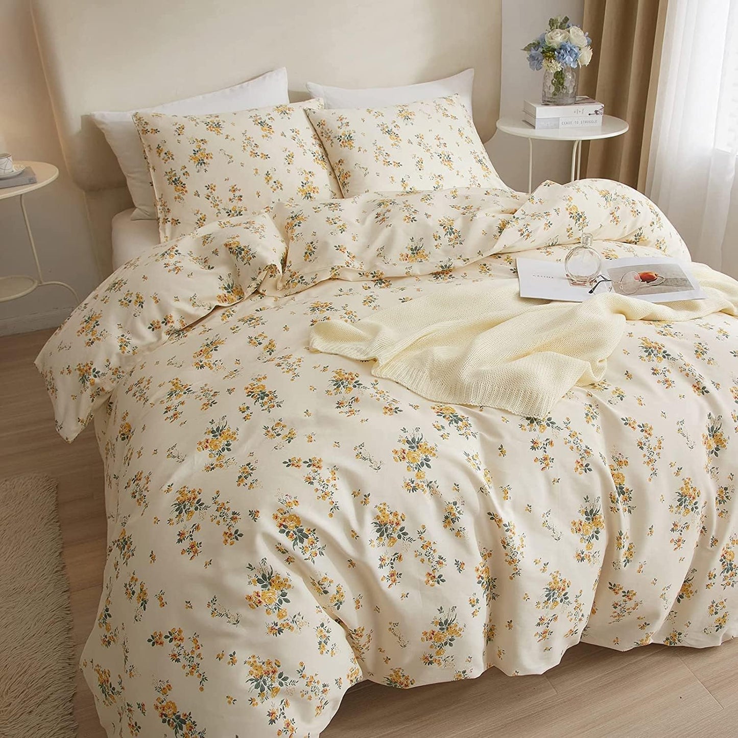 Yellow Floral Comforter Set Queen Botanical Bedding Comforter Set for Queen Bed Women Girl Garden Bohemian Floral Comforter with 2 Pillowcases,Garden Style Bedding Sets